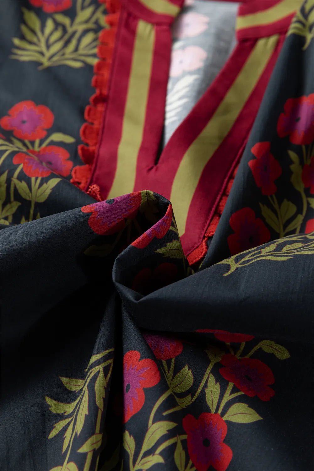 Floral Contrast Slit V-Neck Short Bubble Sleeve Blouse - Rooted & Reckless Co.