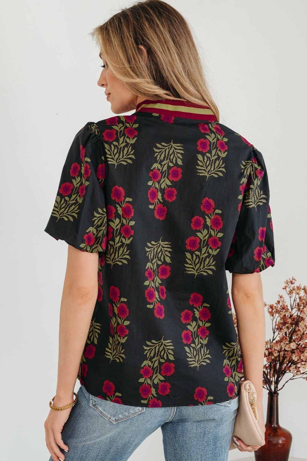 Floral Contrast Slit V-Neck Short Bubble Sleeve Blouse - Rooted & Reckless Co.