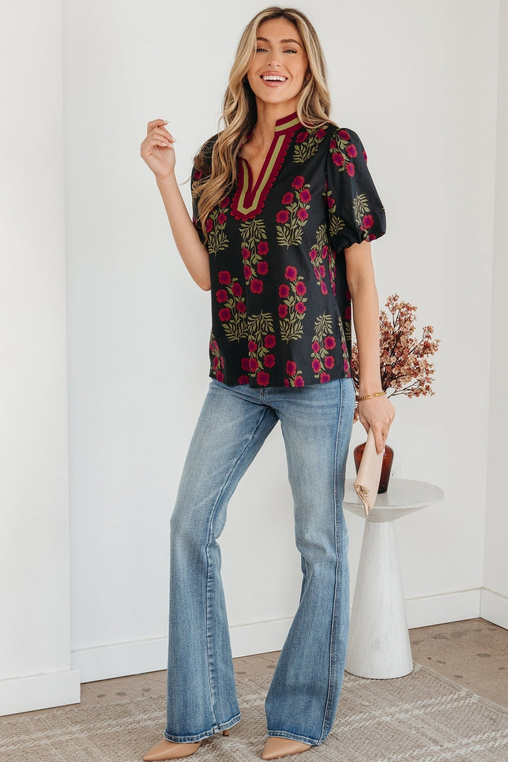 Floral Contrast Slit V-Neck Short Bubble Sleeve Blouse - Rooted & Reckless Co.