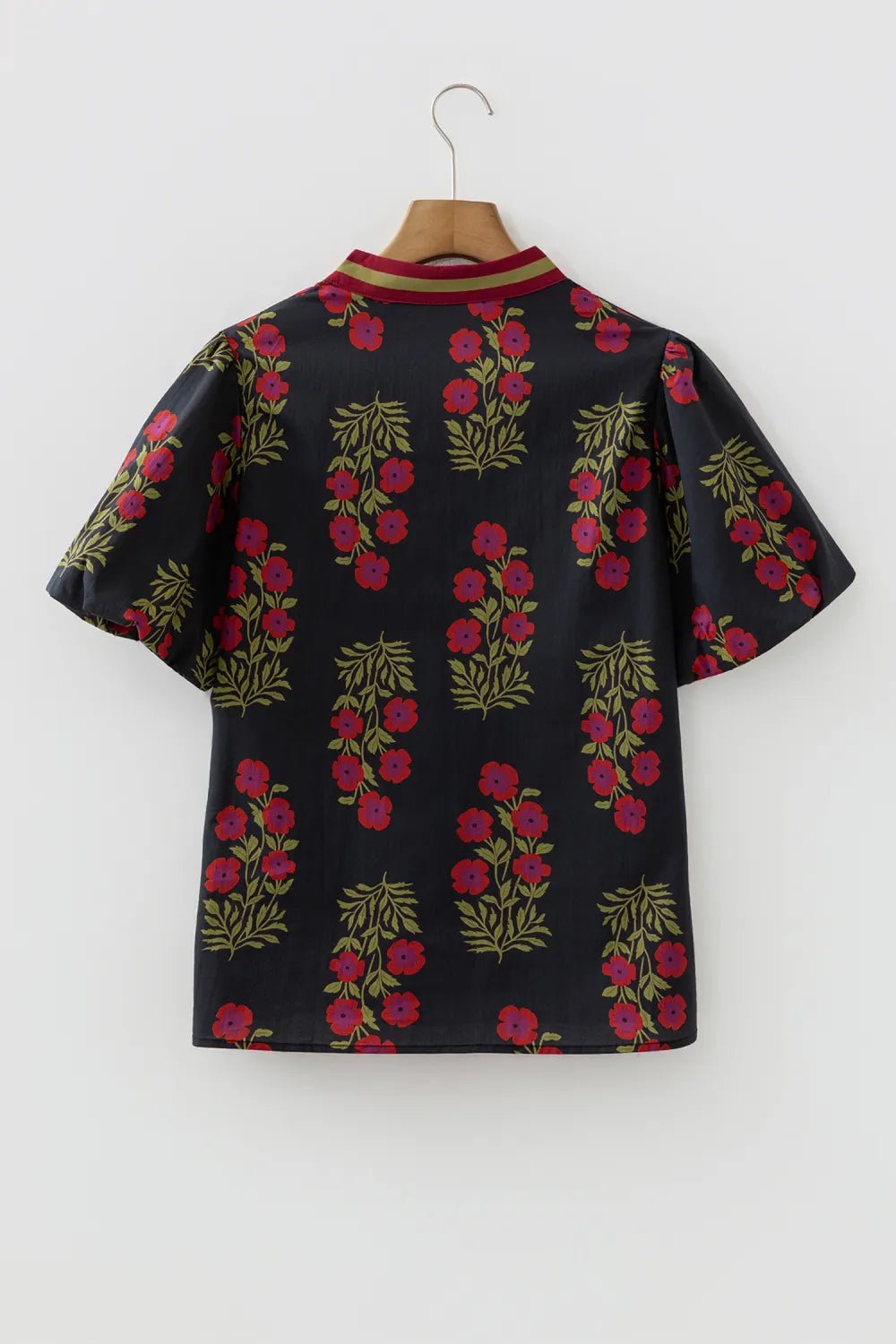 Floral Contrast Slit V-Neck Short Bubble Sleeve Blouse - Rooted & Reckless Co.