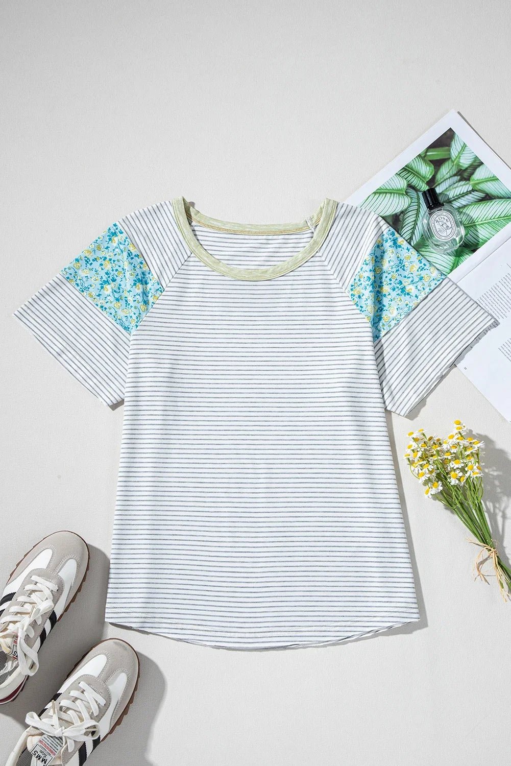 Floral Contrast Stripe Patchwork Raglan Sleeve Tee - Rooted & Reckless Co.