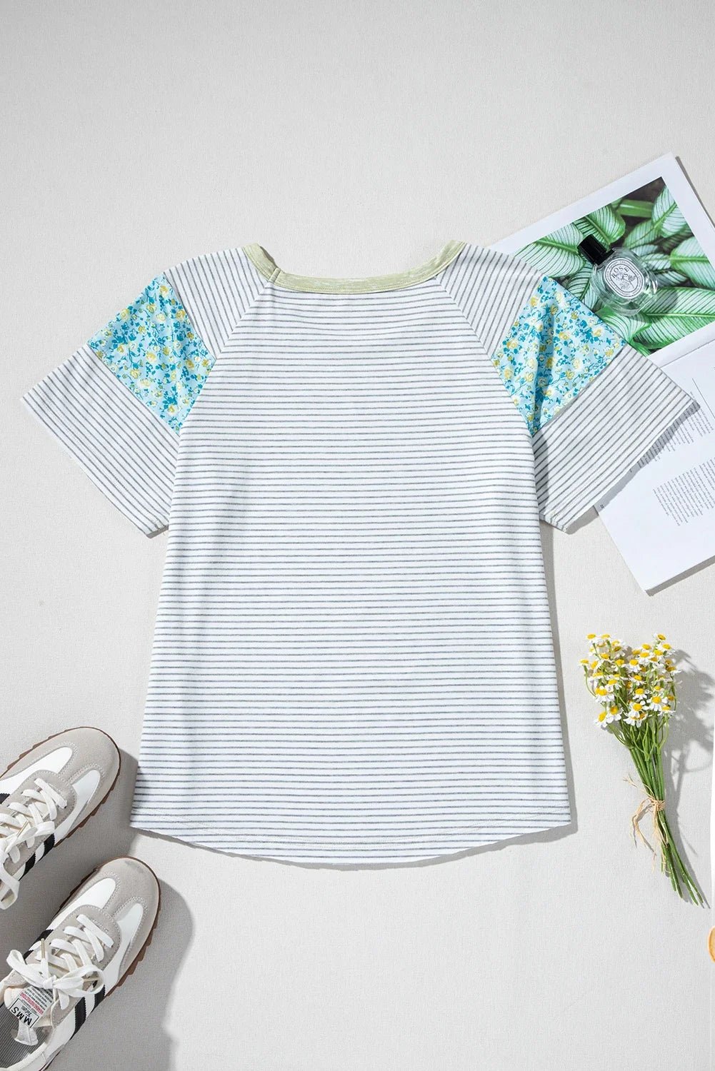 Floral Contrast Stripe Patchwork Raglan Sleeve Tee - Rooted & Reckless Co.