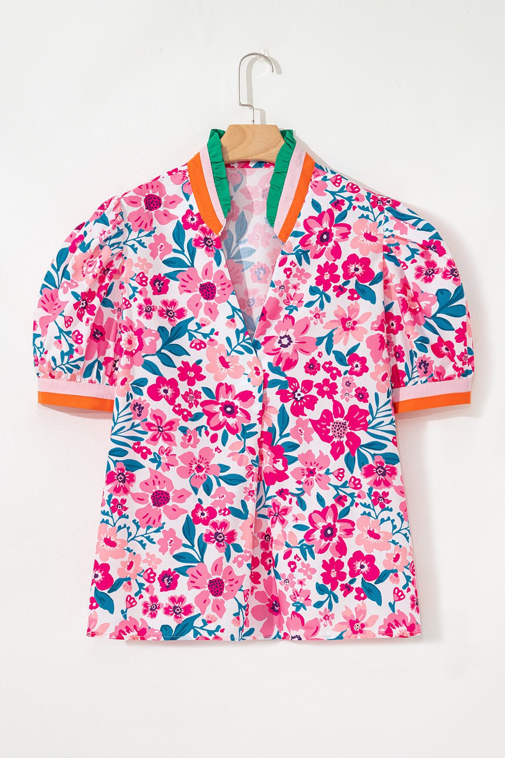 Floral Contrast Stripe Short Sleeve Blouse - Rooted & Reckless Co.