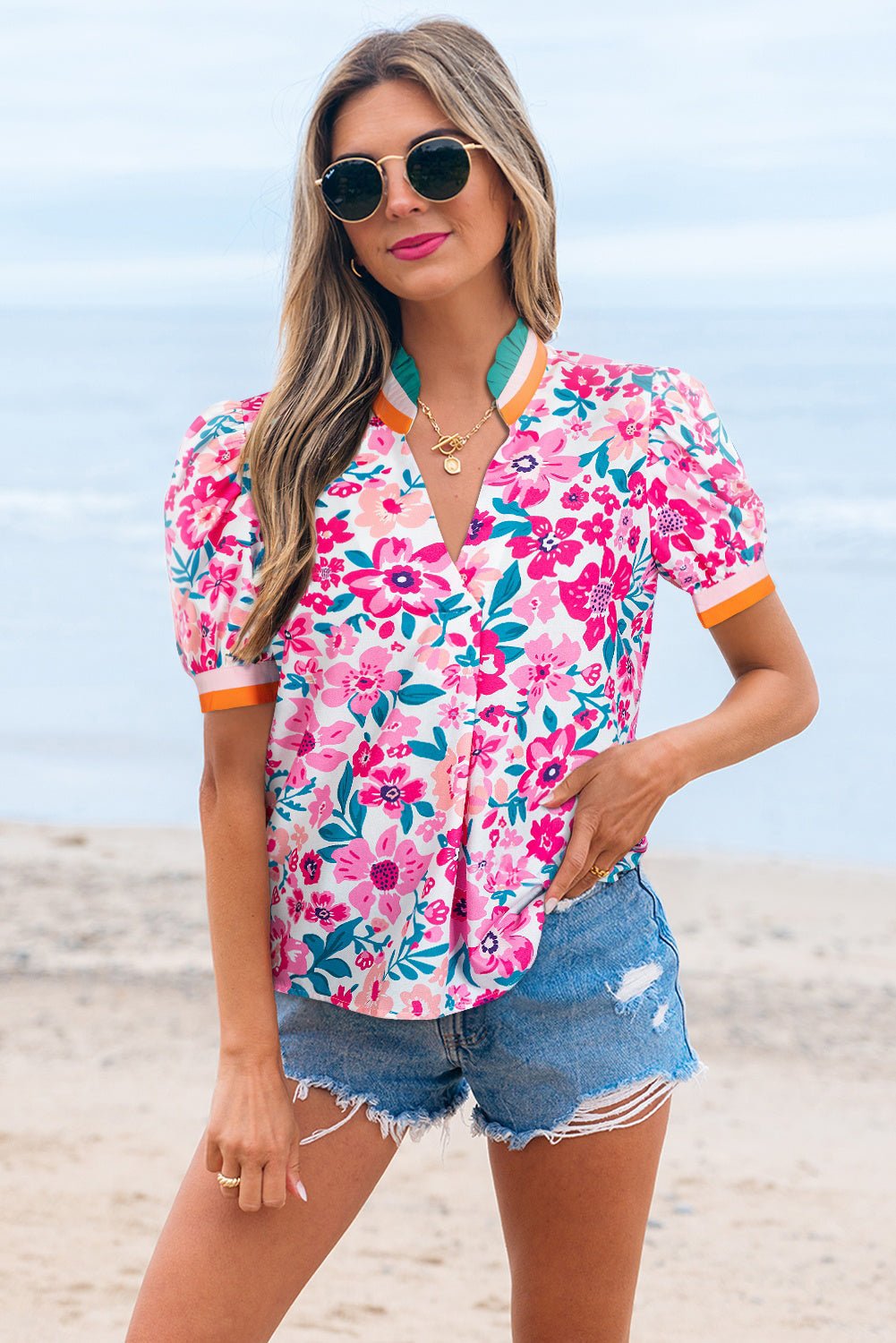 Floral Contrast Stripe Short Sleeve Blouse - Rooted & Reckless Co.