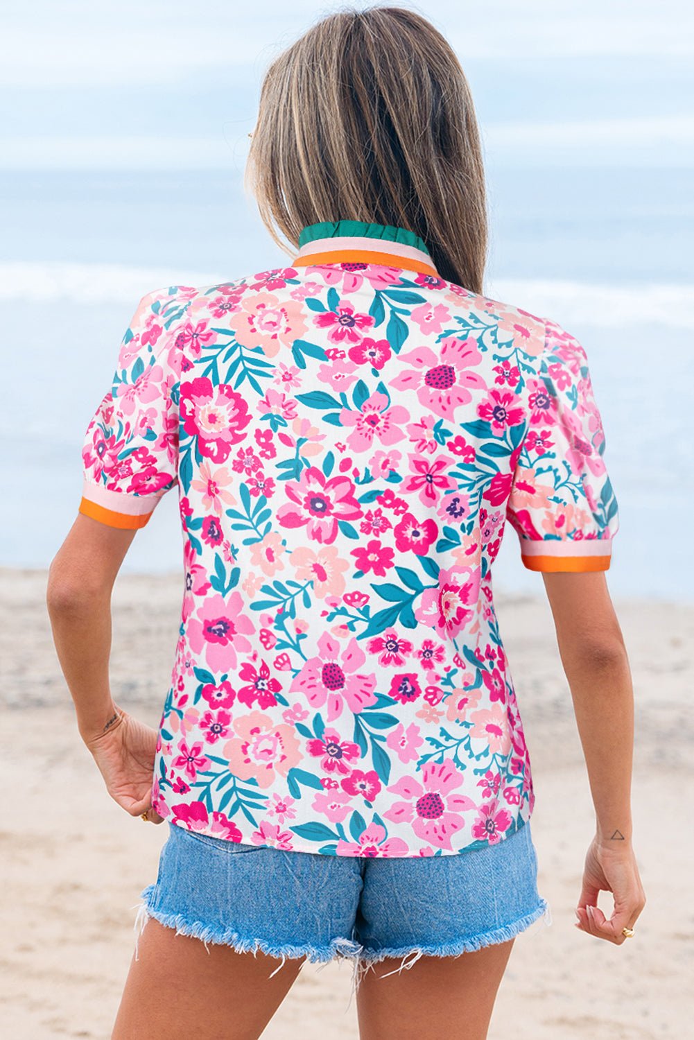 Floral Contrast Stripe Short Sleeve Blouse - Rooted & Reckless Co.