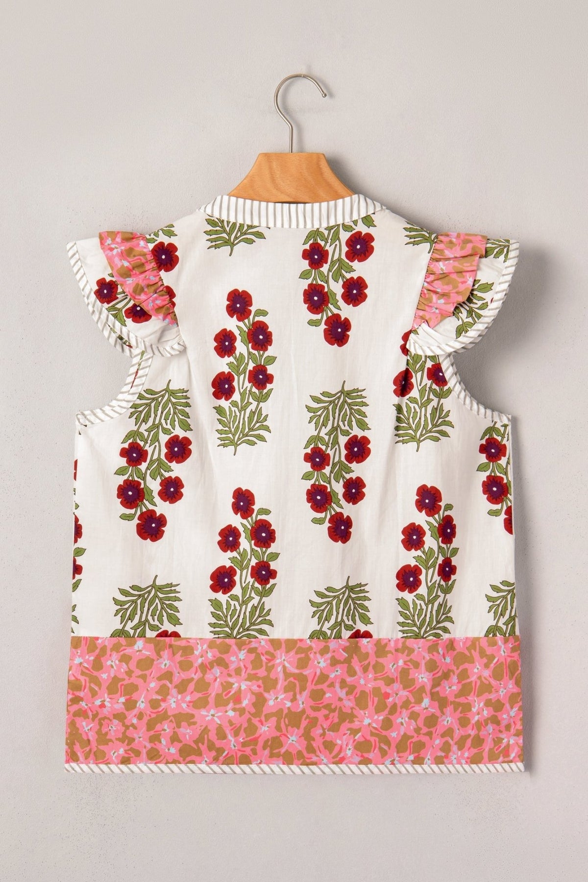 Floral Contrast Stripe Trim Flutter Sleeve Blouse - Rooted & Reckless Co.