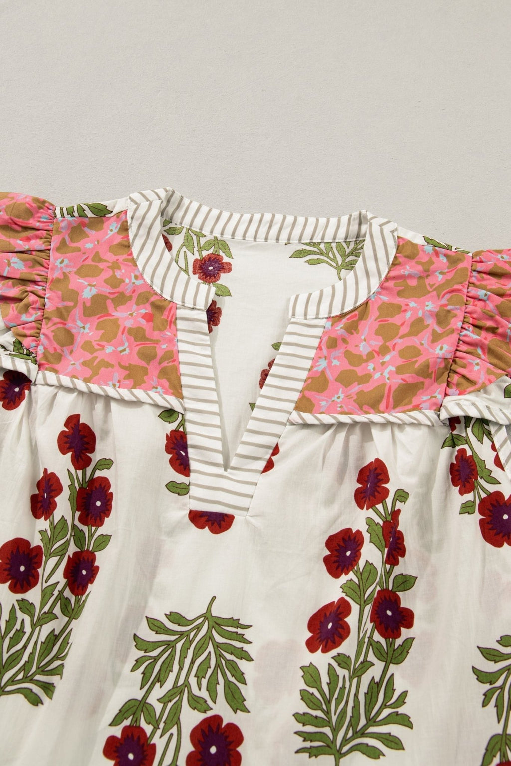 Floral Contrast Stripe Trim Flutter Sleeve Blouse - Rooted & Reckless Co.