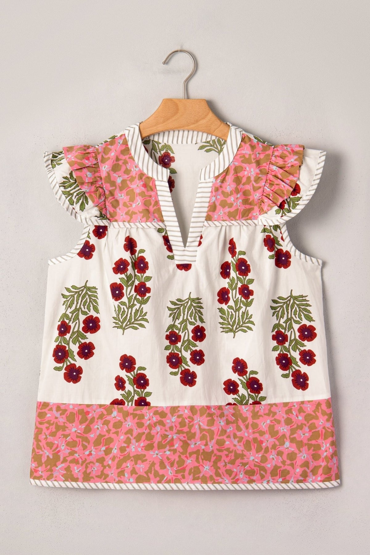 Floral Contrast Stripe Trim Flutter Sleeve Blouse - Rooted & Reckless Co.