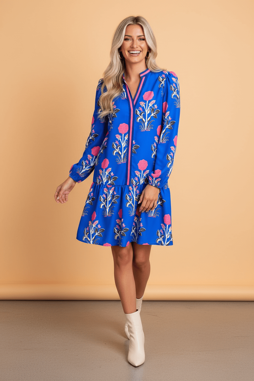 Floral Contrast Stripe Trim Notch Neck Dress - Rooted & Reckless Co.