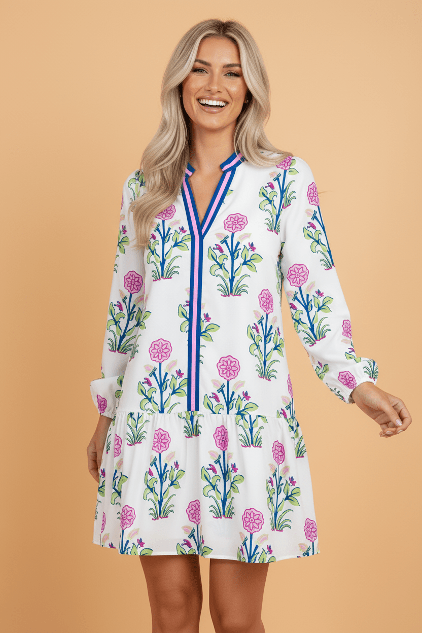 Floral Contrast Stripe Trim Notch Neck Dress - Rooted & Reckless Co.