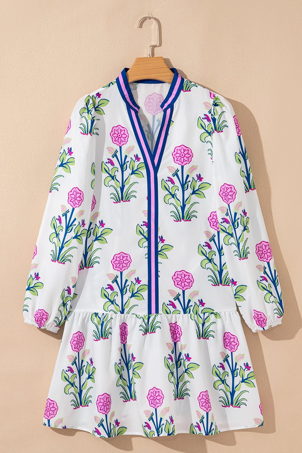 Floral Contrast Stripe Trim Notch Neck Dress - Rooted & Reckless Co.
