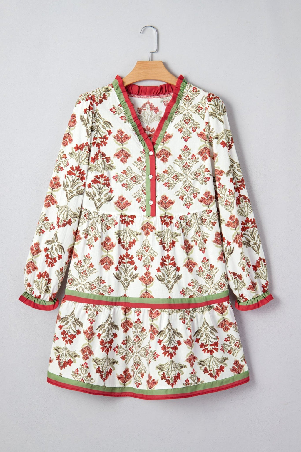 Floral Contrast Trim Frilled Neck Dress - Rooted & Reckless Co.