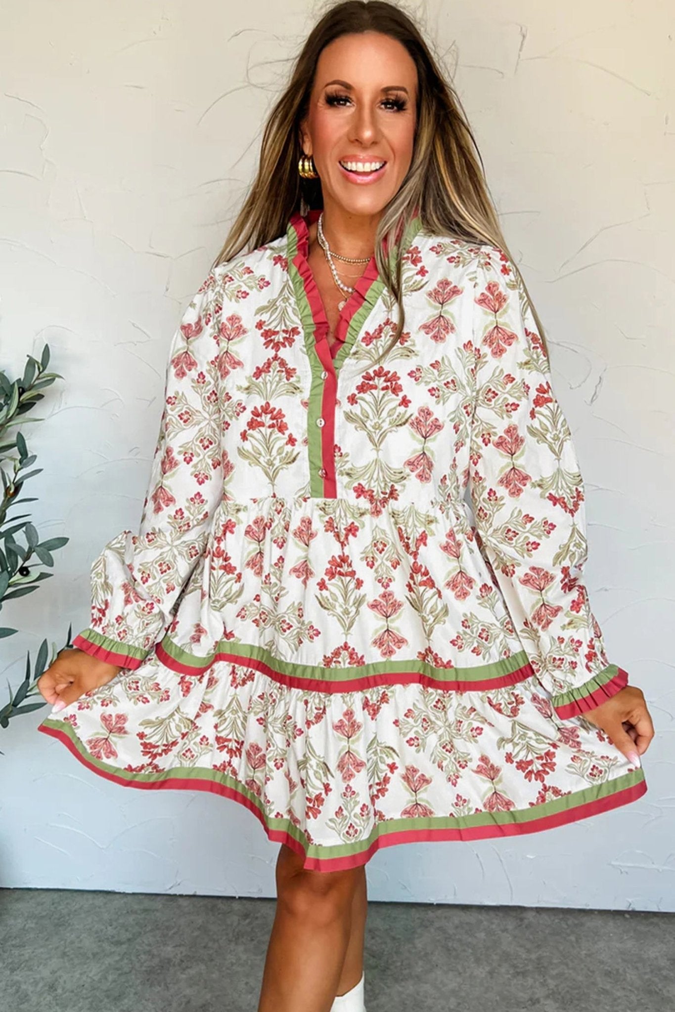 Floral Contrast Trim Frilled Neck Dress - Rooted & Reckless Co.
