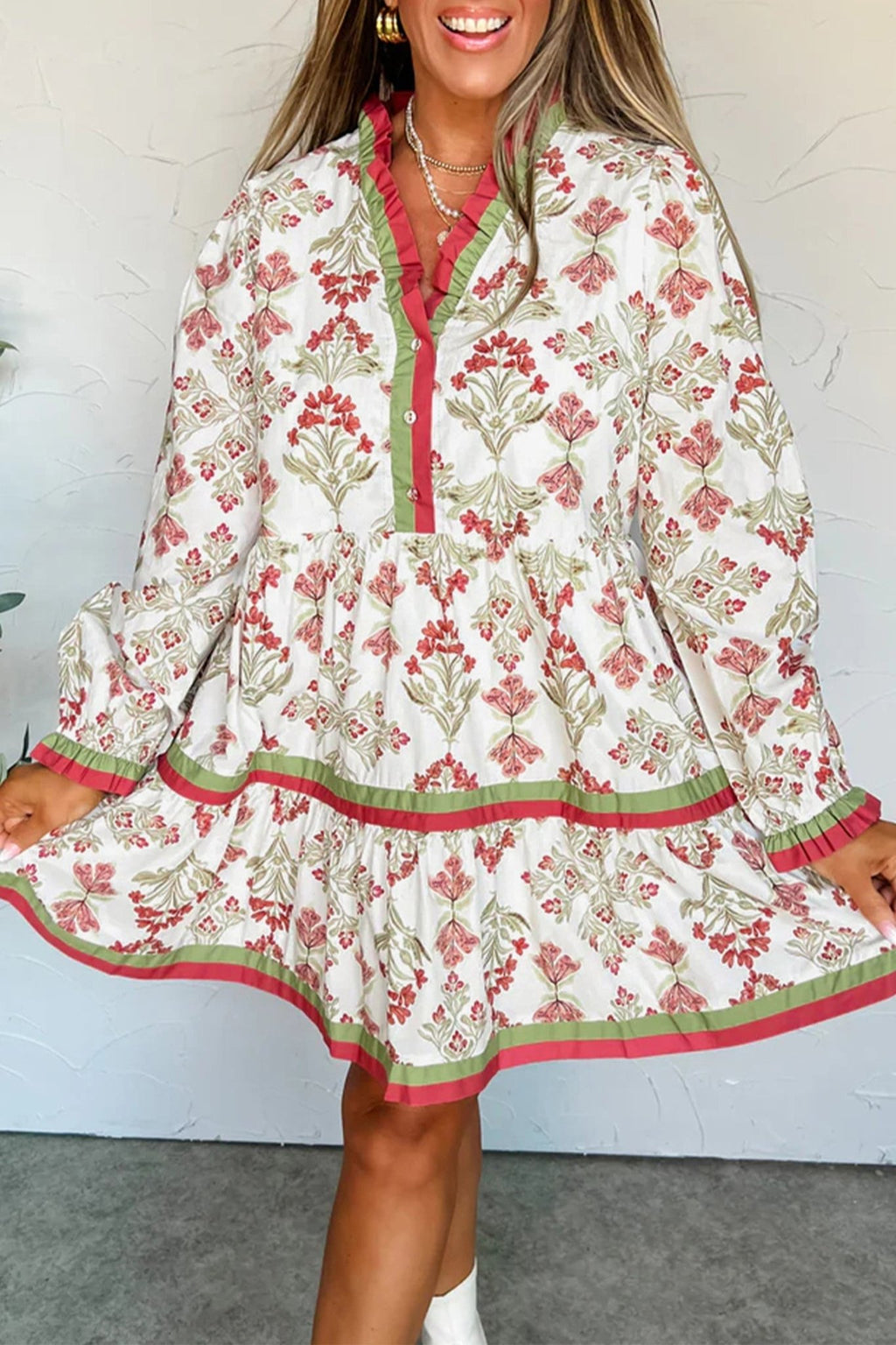 Floral Contrast Trim Frilled Neck Dress - Rooted & Reckless Co.