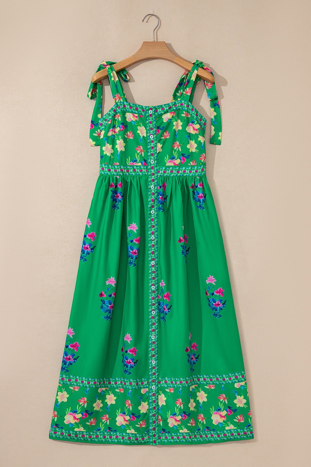 Floral Contrast Trim Knotted Straps Midi Dress - Rooted & Reckless Co.