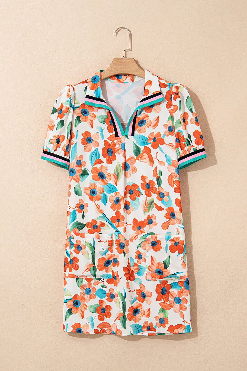 Floral Contrast Trim Split Neck Mini Dress - Rooted & Reckless Co.