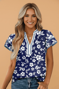 Floral Contrast Trim Split Neck Ruffle Sleeve Blouse - Rooted & Reckless Co.