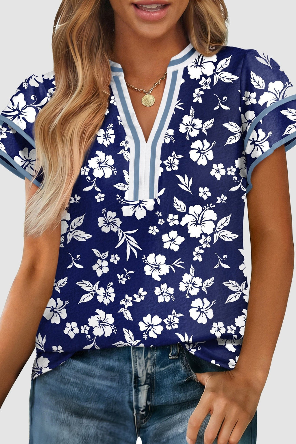 Floral Contrast Trim Split Neck Ruffle Sleeve Blouse - Rooted & Reckless Co.