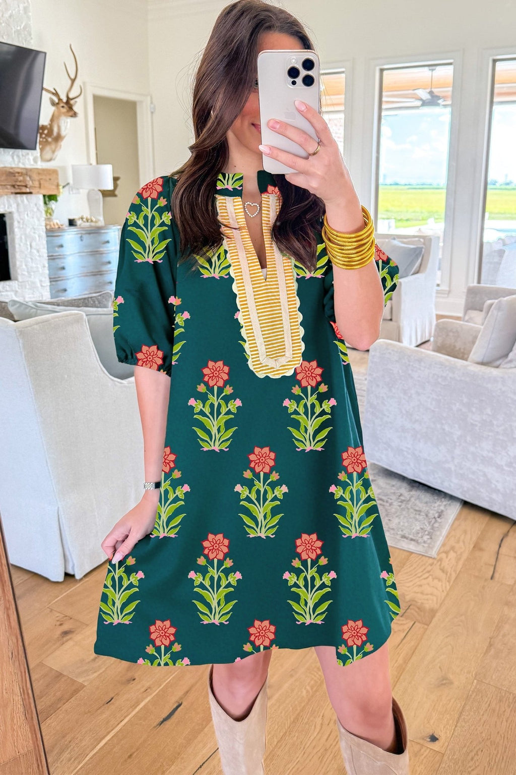 Floral Contrast Trim Stripe Patchwork Short Sleeve Dress - Rooted & Reckless Co.