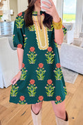 Floral Contrast Trim Stripe Patchwork Short Sleeve Dress - Rooted & Reckless Co.