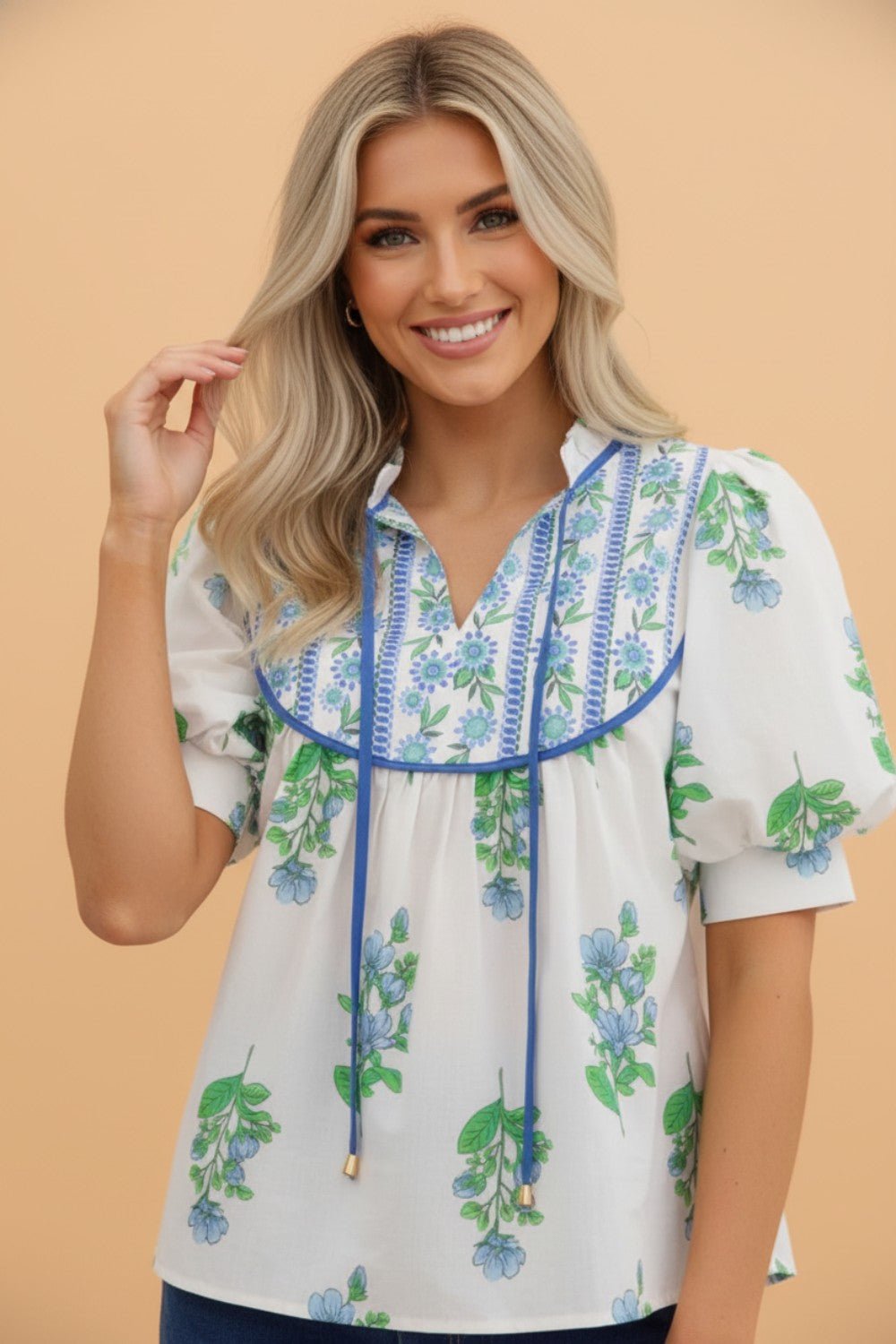 Floral Contrast Trim Tie Neck Blouse - Rooted & Reckless Co.