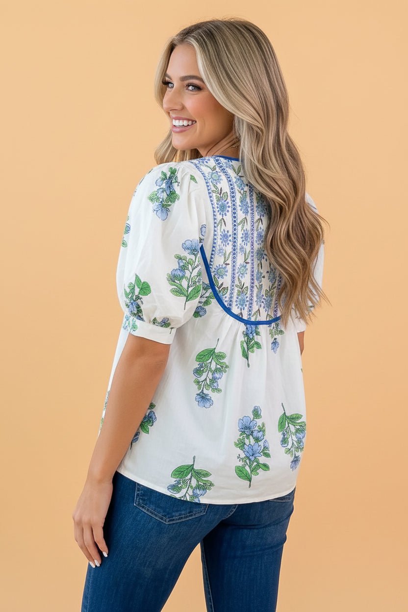 Floral Contrast Trim Tie Neck Blouse - Rooted & Reckless Co.