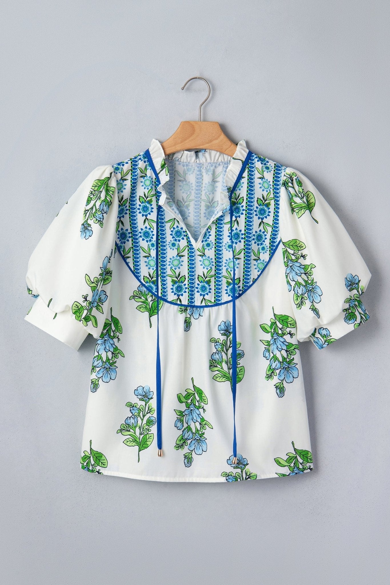 Floral Contrast Trim Tie Neck Blouse - Rooted & Reckless Co.