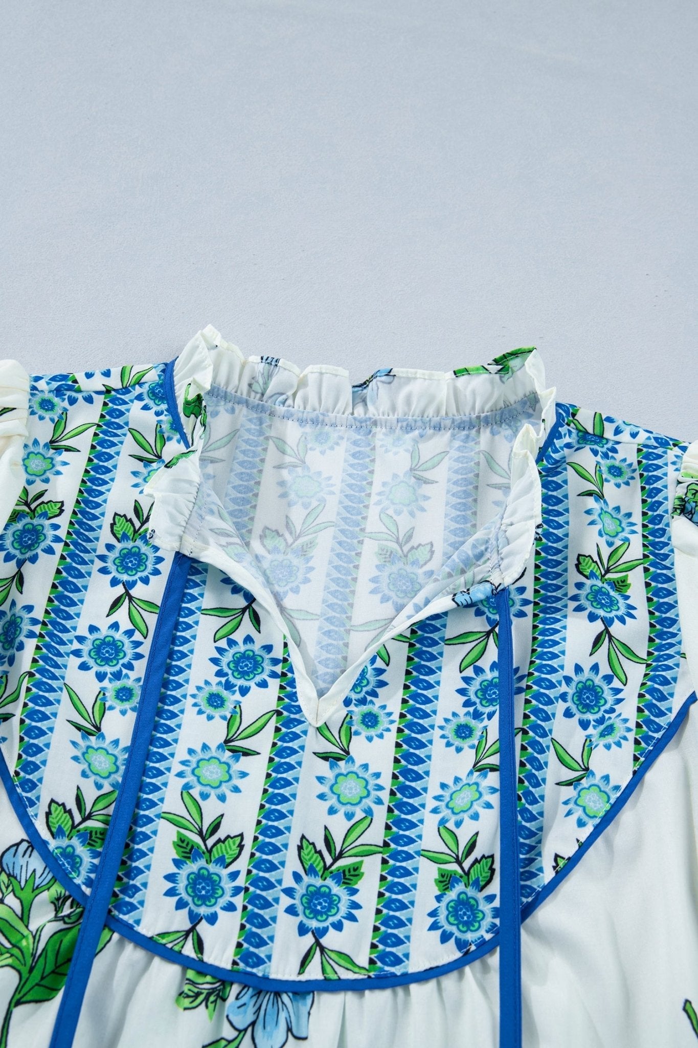 Floral Contrast Trim Tie Neck Blouse - Rooted & Reckless Co.