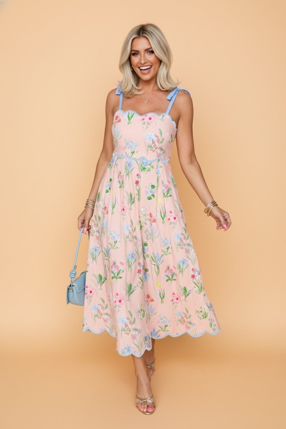 Floral Contrast Trim Tie Strap Midi Dress - Rooted & Reckless Co.