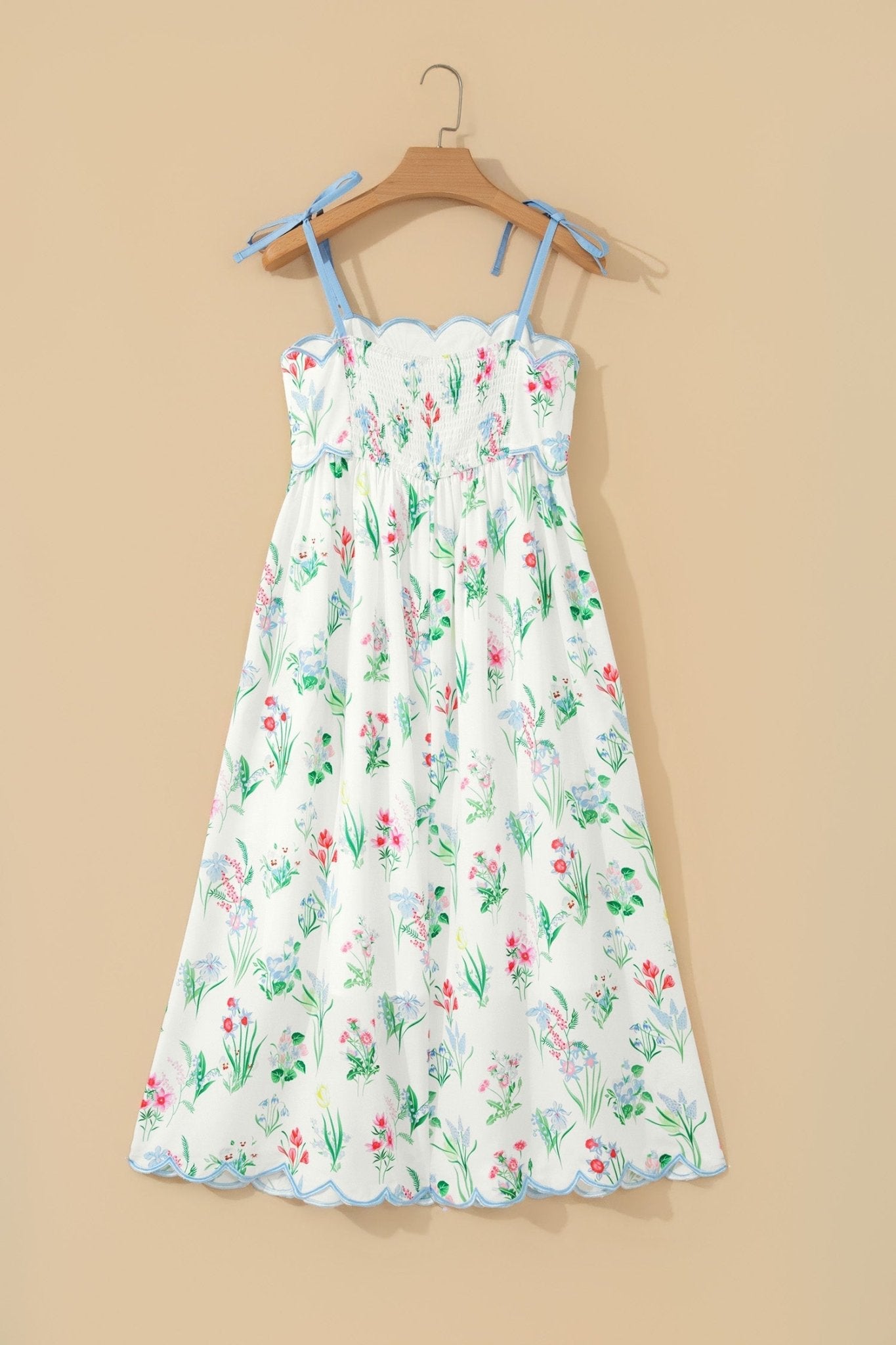 Floral Contrast Trim Tie Strap Midi Dress - Rooted & Reckless Co.