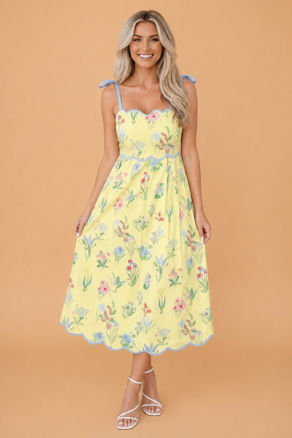 Floral Contrast Trim Tie Strap Midi Dress - Rooted & Reckless Co.