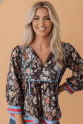 Floral Contrast Trim Tie V-Neck 3/4 Sleeve Blouse - Rooted & Reckless Co.