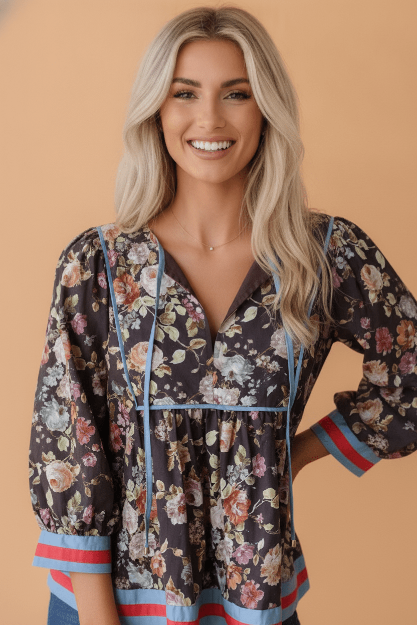 Floral Contrast Trim Tie V-Neck 3/4 Sleeve Blouse - Rooted & Reckless Co.
