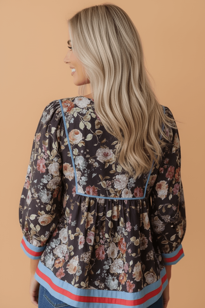 Floral Contrast Trim Tie V-Neck 3/4 Sleeve Blouse - Rooted & Reckless Co.