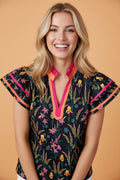 Floral Contrast Trim Tiered Ruffle Short Sleeve Blouse - Rooted & Reckless Co.