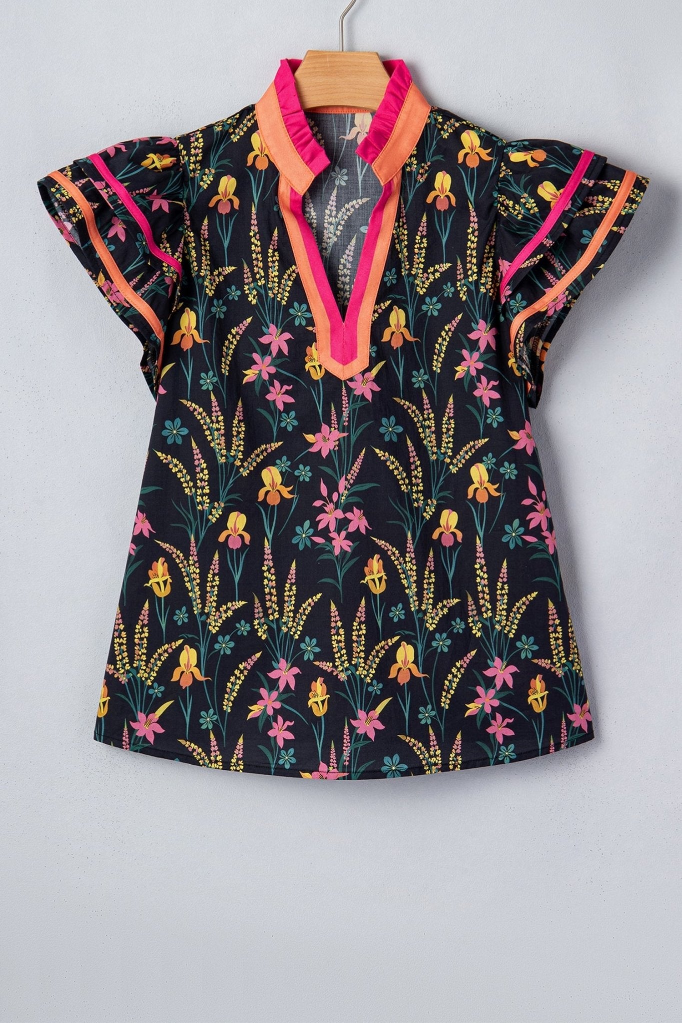 Floral Contrast Trim Tiered Ruffle Short Sleeve Blouse - Rooted & Reckless Co.