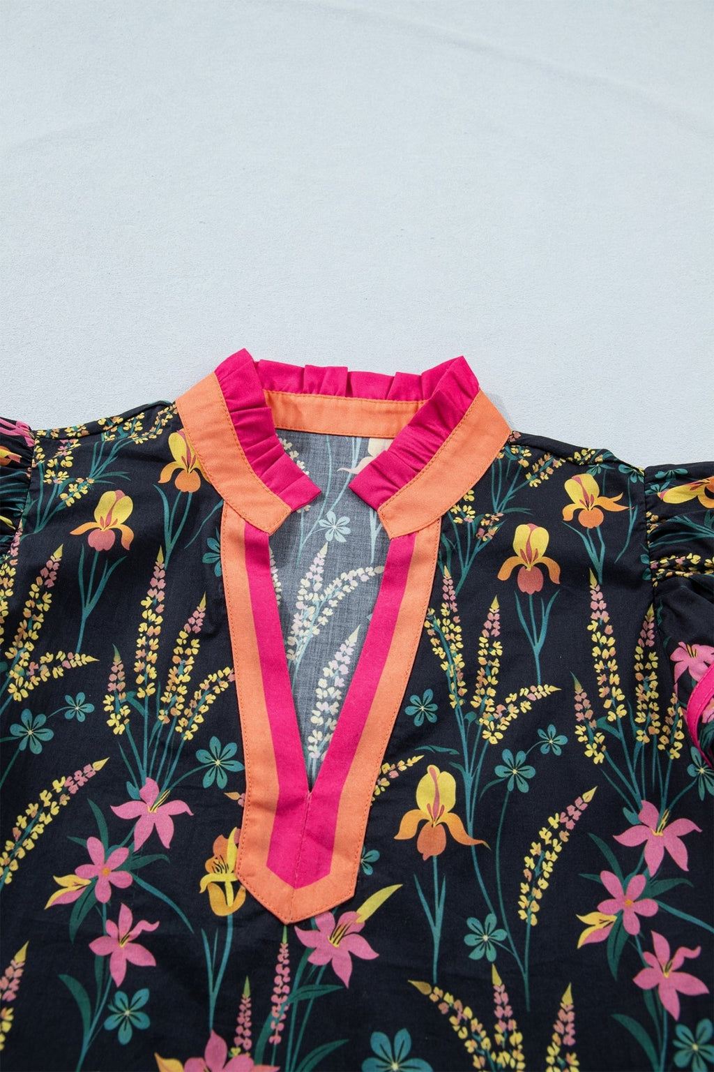 Floral Contrast Trim Tiered Ruffle Short Sleeve Blouse - Rooted & Reckless Co.