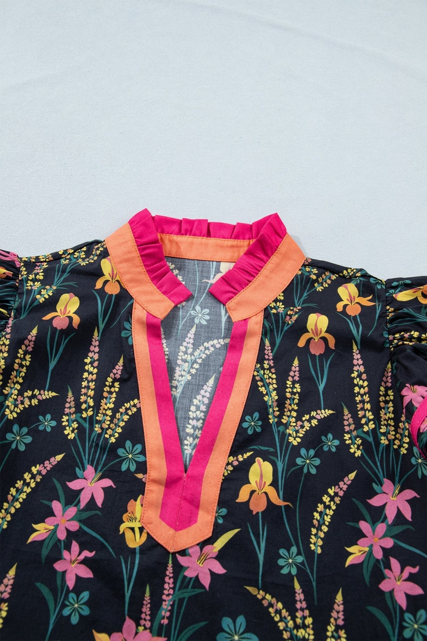 Floral Contrast Trim Tiered Ruffle Short Sleeve Blouse - Rooted & Reckless Co.