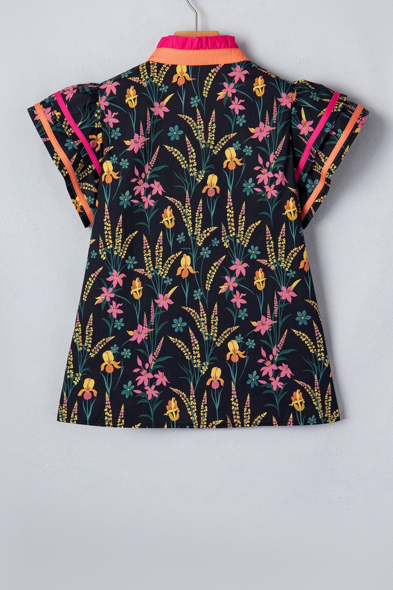 Floral Contrast Trim Tiered Ruffle Short Sleeve Blouse - Rooted & Reckless Co.