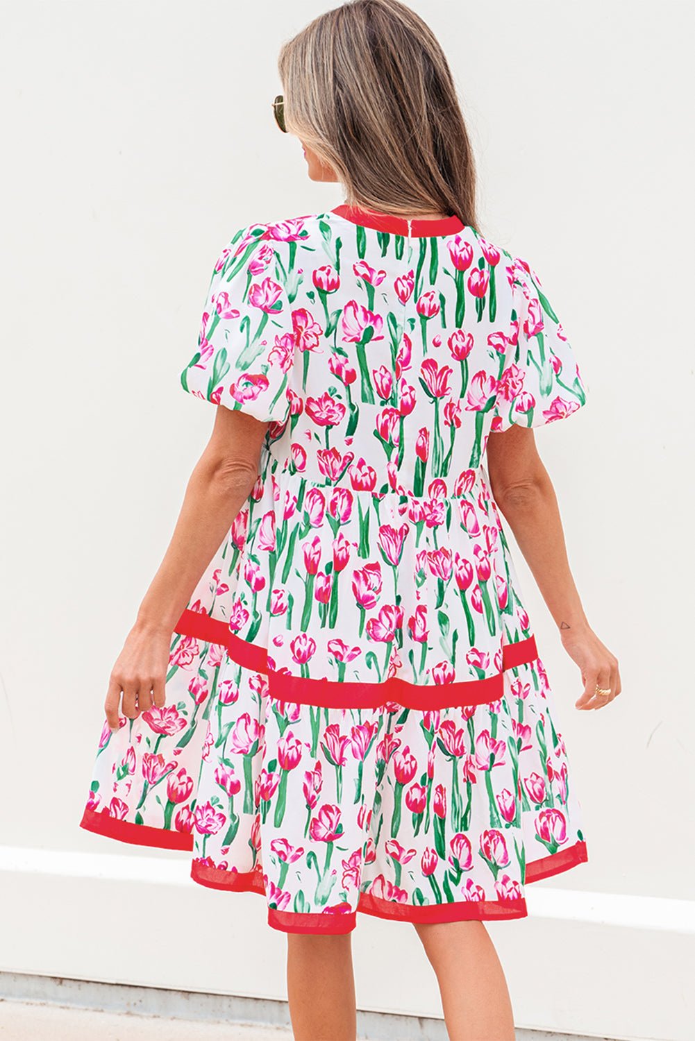 Floral Contrast Trim V-Neck Babydoll Dress - Rooted & Reckless Co.