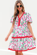 Floral Contrast Trim V-Neck Babydoll Dress - Rooted & Reckless Co.