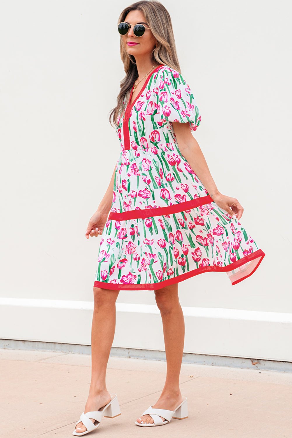 Floral Contrast Trim V-Neck Babydoll Dress - Rooted & Reckless Co.