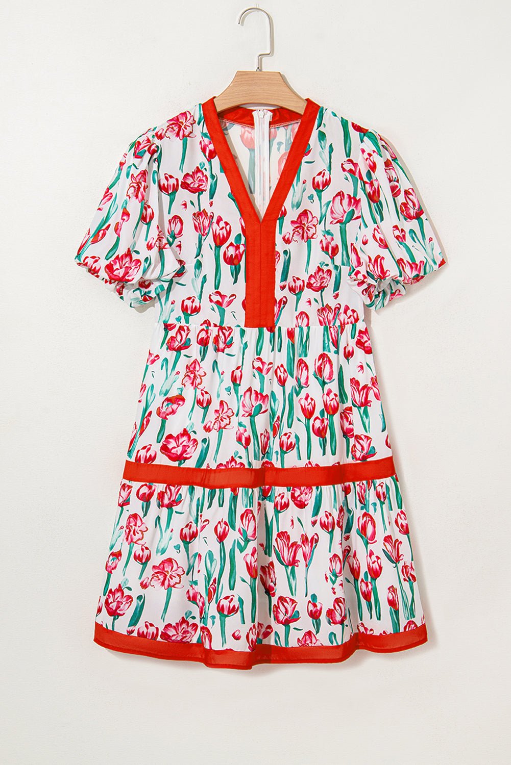 Floral Contrast Trim V-Neck Babydoll Dress - Rooted & Reckless Co.