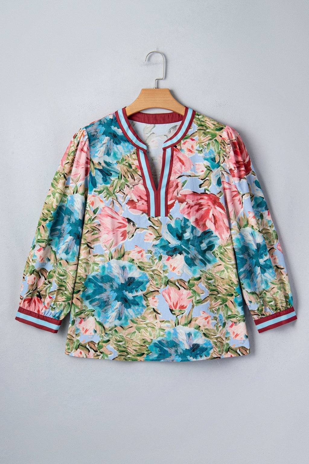 Floral Contrast Trim V-Neck Cuffed 3/4 Sleeve Blouse - Rooted & Reckless Co.