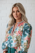 Floral Contrast Trim V-Neck Cuffed 3/4 Sleeve Blouse - Rooted & Reckless Co.