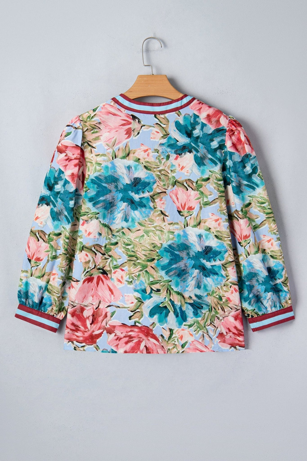 Floral Contrast Trim V-Neck Cuffed 3/4 Sleeve Blouse - Rooted & Reckless Co.