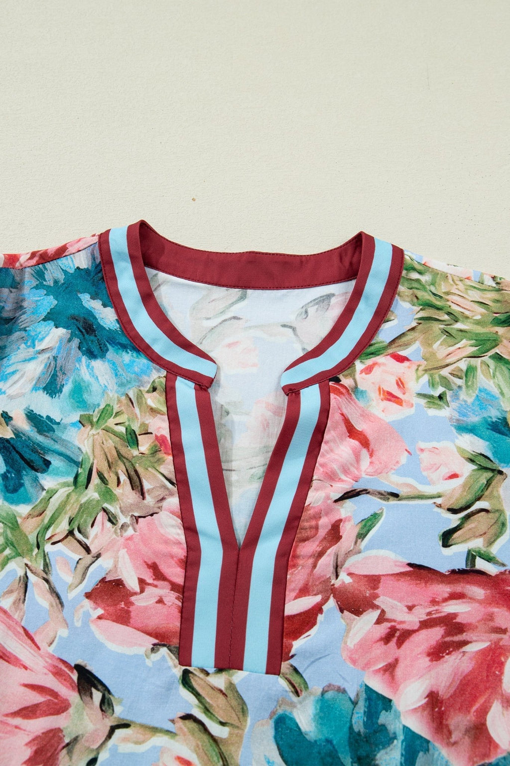 Floral Contrast Trim V-Neck Cuffed 3/4 Sleeve Blouse - Rooted & Reckless Co.