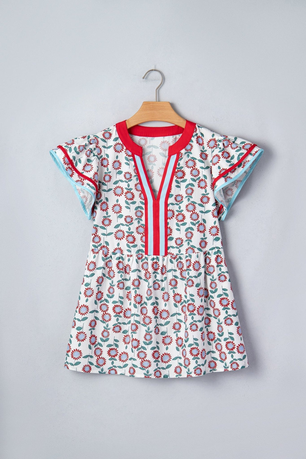 Floral Contrast Trim V-Neck Flutter Sleeve Blouse - Rooted & Reckless Co.