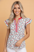Floral Contrast Trim V-Neck Flutter Sleeve Blouse - Rooted & Reckless Co.