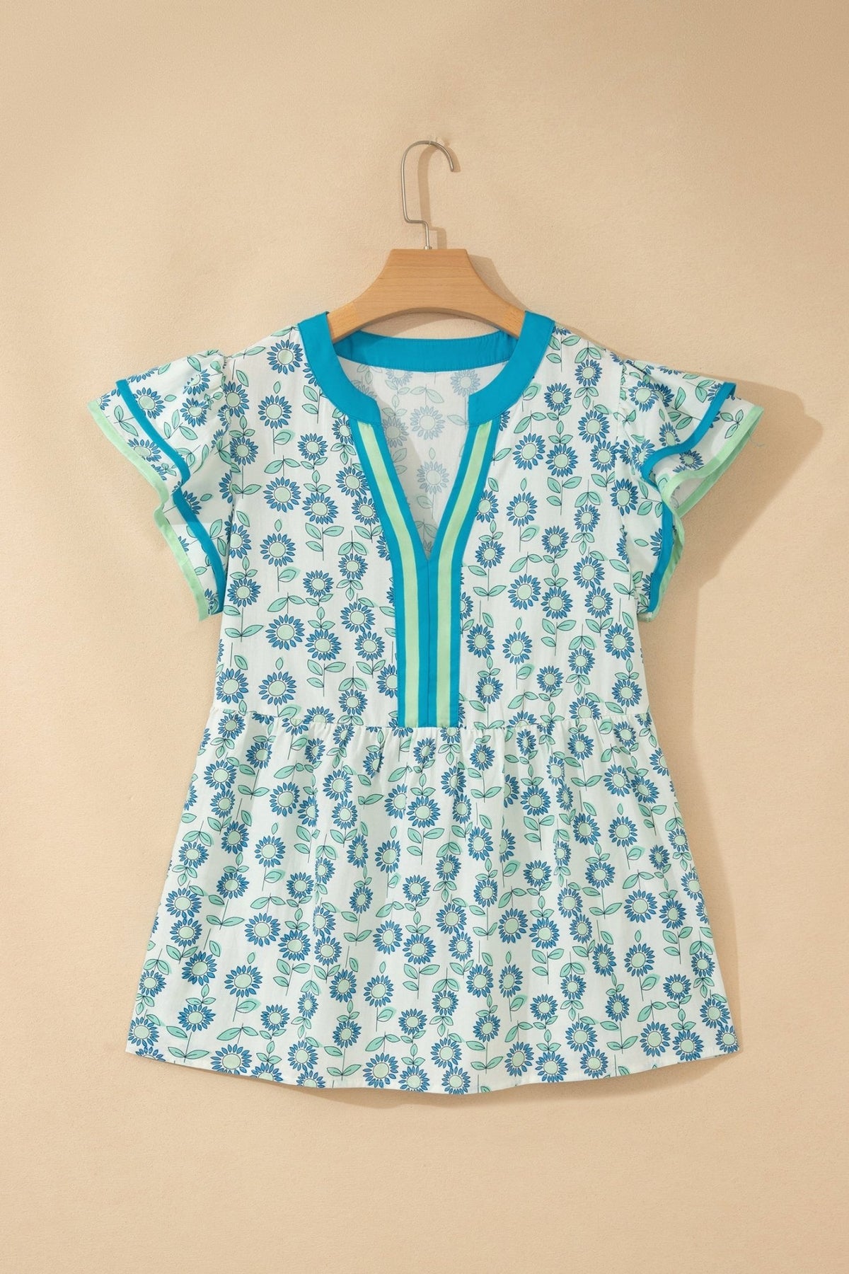 Floral Contrast Trim V-Neck Flutter Sleeve Blouse - Rooted & Reckless Co.